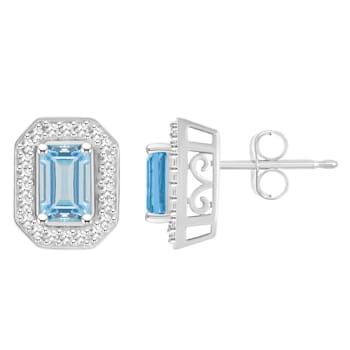6x4mm Emerald Cut Aquamarine 1/5 ctw Diamond Rhodium Over Sterling
Silver Halo Stud Earrings