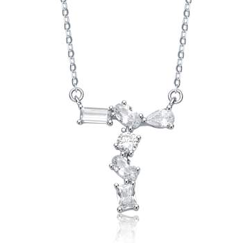 Initial T Mixed Cut CZ Pendant Necklace In Sterling Silver 18 Inch