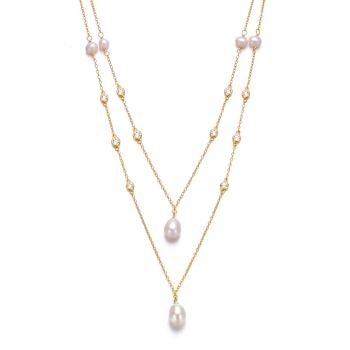 Pear Shape Freshwater Pearl Layered Necklace In 14K Gold Over Sterling Silver