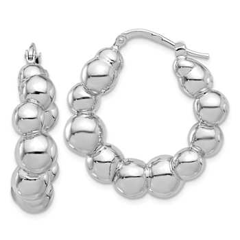 Rhodium Over Sterling Silver Polished Bead Hoop Earrings