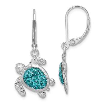 Rhodium Over Sterling Silver Polished Blue Crystal Turtle Dangle Earrings