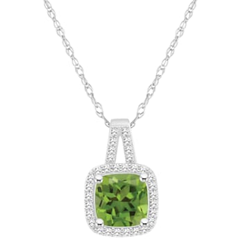7mm Cushion Peridot 1/6 ctw Diamond Rhodium Over Sterling Silver Halo
Pendant with Chain