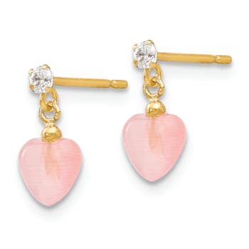 14k Yellow Gold Heart Shape Pink Opal Simulant and Cubic Zirconia Dangle
Post Earrings