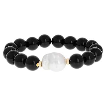Cultured Freshwater Pearl And Black Agate Stretch Bracelet In Solid 14K
Yellow Gold 12mm