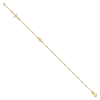 14K Yellow Gold Polished Cross Rosary 7.5 Inch Bracelet