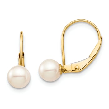 14K Yellow Gold 5-6mm White Round Freshwater Cultured Pearl Leverback Earrings