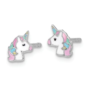 Rhodium Over Sterling Silver Enamel Unicorn Children's Post Earrings