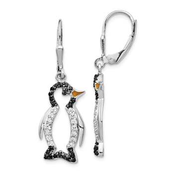 Rhodium Over Sterling Silver Enamel Black and White Cubic Zirconia
Penguin Dangle Earrings