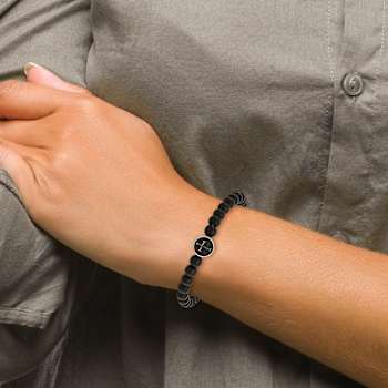 Stainless Steel Antiqued and Polished Black Agate Cross Stretch Bracelet