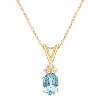 7x5mm Oval Aquamarine with Diamond Accents 14k Yellow Gold Pendant With Chain