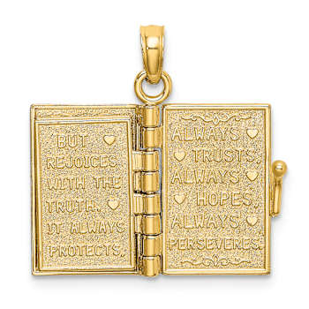 14k Yellow Gold 3D Moveable Brushed and Textured LOVE Book Pendant with
Enameled Flower