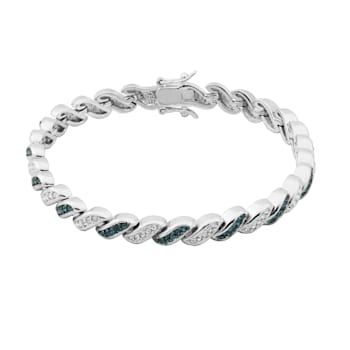 Blue And White Crystal Rhodium Over Sterling Silver Tennis Bracelet 0.81ctw