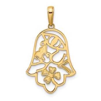 14K Two-tone Gold Diamond-Cut Good Luck Symbols on Hamsa Pendant