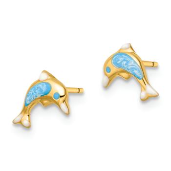 14k Yellow Gold Children's Polished Blue and White Enameled Dolphin Stud Earrings