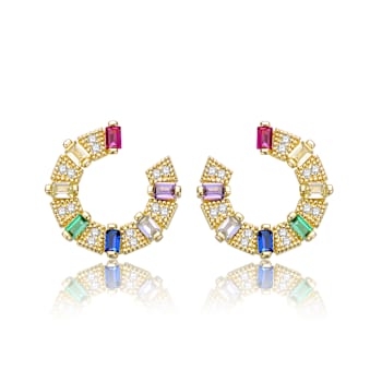 Multi-Color CZ Front-Facing C-Hoop Earrings In 14K Gold Over Sterling Silver