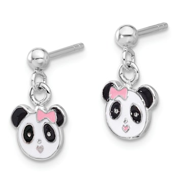 Rhodium Over Sterling Silver Enameled Panda Children's Post Dangle Earrings