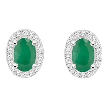 6x4mm Oval Emerald 1/6 ctw Diamond Rhodium Over Sterling Silver Halo
Stud Earrings