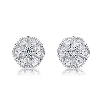 Vintage Pinwheel CZ Cluster Stud Earrings In White Rhodium Over Brass