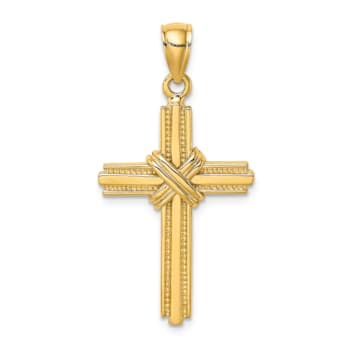 14K Yellow Gold Beaded Center Design Cross Charm Pendant