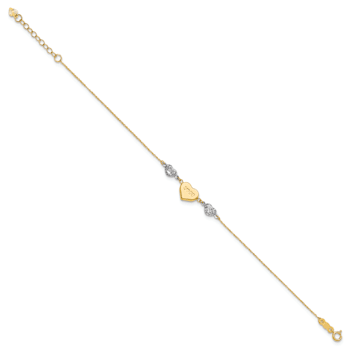 14k Two-tone Gold Puffed Love Heart and Diamond-Cut Hearts Bracelet