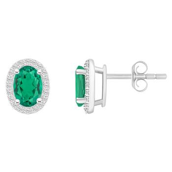 7x5mm Oval Created Emerald And Created White Sapphire 10k White Gold
Halo Stud Earrings