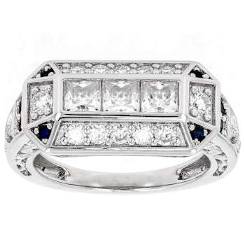 Moissanite And Blue Sapphire Band Ring In Platinum-Enhanced Sterling
Silver 1.41ctw Diamond Equivalent Weight