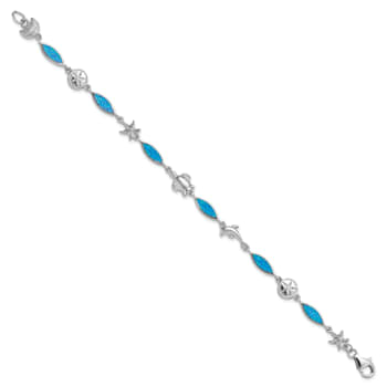 Rhodium Over Sterling Silver Lab Created Opal Sea Life Bracelet
