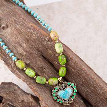 Barse Jewelry Legacy Lime Green and Blue Composite Turquoise Gold Tone
Heart Necklace