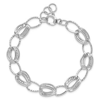 Rhodium Over 14k White Gold 11mm Polished and Textured Fancy Link Bracelet