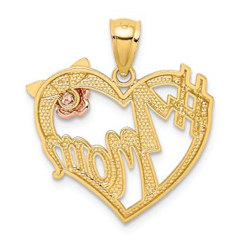 14K Tri-color Gold Textured #1 MOM Heart Pendant