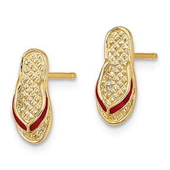14k Yellow Gold Textured 3D Red Enamel Flip-Flop Stud Earrings