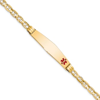 14k Yellow Gold Medical Soft Diamond Shape Red Enamel Mariner Link ID Bracelet
