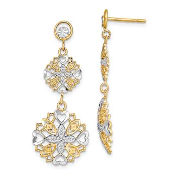 14k Yellow Gold and Rhodium Over 14k Yellow Gold Diamond-Cut Flower and
Heart Dangle Earrings