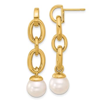 14K Yellow Gold Freshwater Cultured Pearl and Chain Post Dangle Earrings