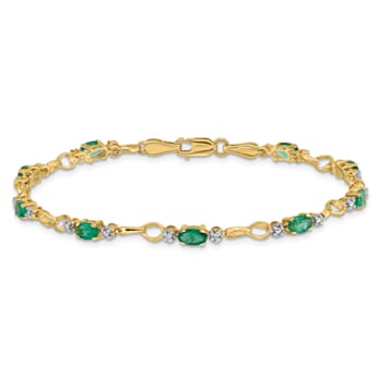 14k Yellow Gold and Rhodium Over 14k Yellow Gold Open-Link Diamond and
Emerald Bracelet