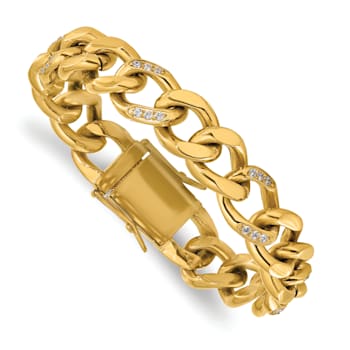 White Cubic Zirconia Stainless Steel Polished Yellow IP Plated Men's Bracelet