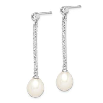 Rhodium Over Sterling Silver 8-9mm White Rice Freshwater Cultured Pearl
CZ Earrings