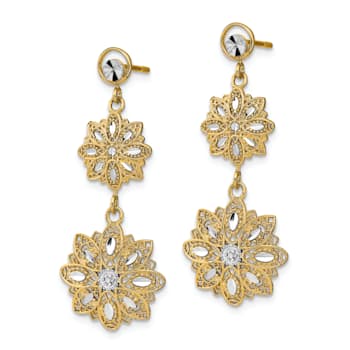14k Yellow Gold and Rhodium Over 14k Yellow Gold Diamond-Cut Filigree
Floral Dangle Earrings