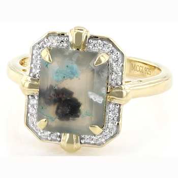 Blue Chalcedony Rectangular Octagonal And White Zircon Ring In 18K Gold
Over Sterling Silver 2.81ctw