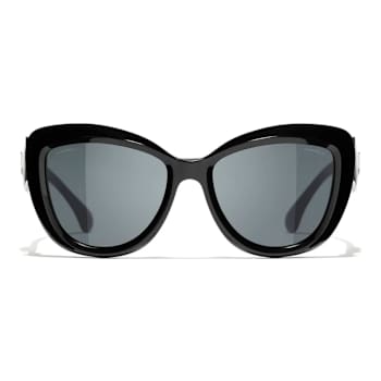 Chanel Black Cat Eye with Silver Tone Heart Detail Frame / Gray Lenses Sunglasses