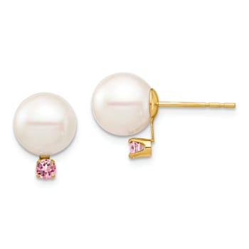 14K Yellow Gold 8-8.5mm White Round Freshwater Cultured Pearl Pink Topaz
Post Earrings