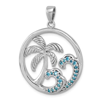 Rhodium Over Sterling Silver Cubic Zirconia Wave and Palm Tree Pendant