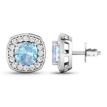 1.50ctw 14K White Gold Cushion Aquamarine and White Diamond Halo Earrings