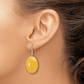 Sterling Silver Polished Yellow Jadeite Oval Dangle Earrings