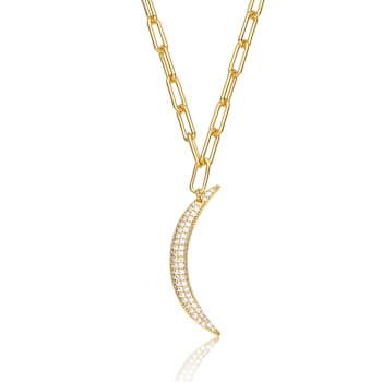 Crescent Moon CZ Charm Necklace In 14K Gold Over Brass