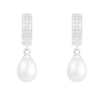 7.5-8mm White Cultured Freshwater Pearl Rhodium Over Sterling Silver Earrings