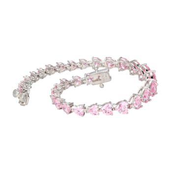 Pink Cubic Zirconia Heart Rhodium over Sterling Silver Tennis Bracelet