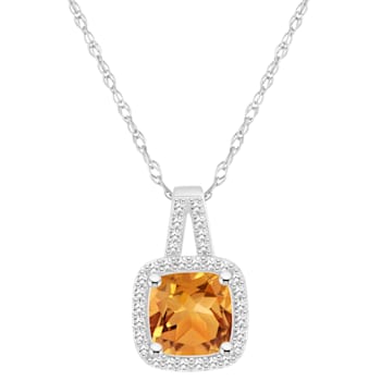 7mm Cushion Citrine 1/6 ctw Diamond Rhodium Over Sterling Silver Halo
Pendant with Chain