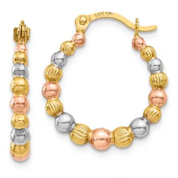 14k Yellow Gold and Rhodium Over 14k Yellow Gold 11/16" Beaded Hoop Earrings