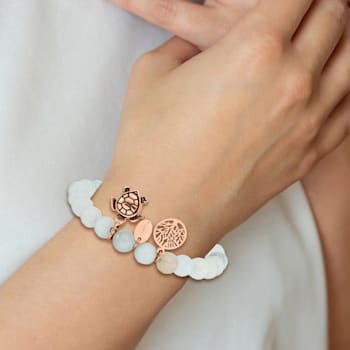 Rose Stainless Steel Antiqued and Polished Blue/Grey Dyed Jade Bracelet